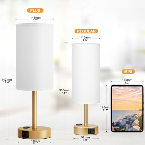 Fenmzee 17.4" Gold Lamp for Bedroom - Dimmable Touch, USB A+C, AC Outlet - Image 2