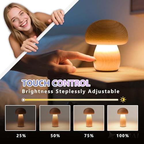 Cordless Wood Mushroom,Rechargeable Bedside Table Lamp Set, 2Pack - Image 3