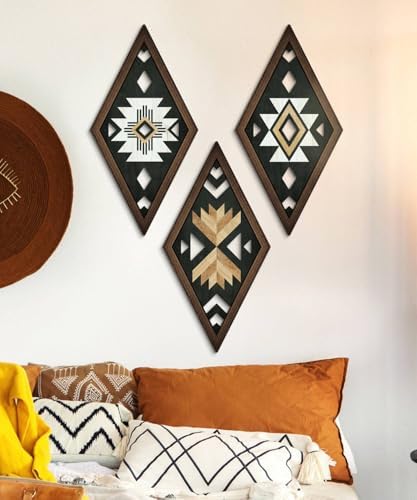 Putuo Decor Aztec Wall Decor, Native American Diamond Geometric Modern Western Boho Wall Art, Set of 3 Rustic Black White Tribal Style Hanging For Western Bathroom Decor 15.6x8 Inches - Image 4
