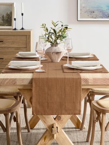 ZeeMart Linen Checked Farmhouse Table Runner, 13x108 Inches Caramel - Image 2