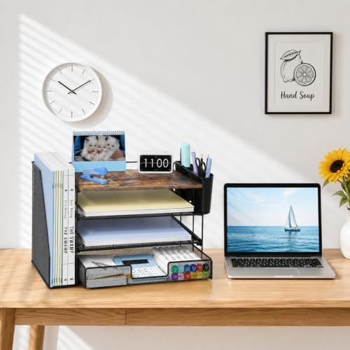 OPNICE Desk Organizer, 4-Tier Desktop File Organizer with Drawer and Pen Holders, Office Desk Accessories, File Sorters, Workspace Organizers for Office Supplies(Wood) - Image 5