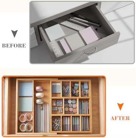 Bamboo Sliding Desk Drawer Organizer 9'' up to 17.9'' x 12'' x 2.2'' Expandable Office Desk Accessories Supplies Tray with 11 Compartments for Pens, Notebooks, Rulers, and Makeup Jewelry Vanity - Image 5