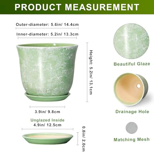 Ceramic Plant Pots - 5.6 Inch Plant Pot with Drainage Hole and Saucer, Round Orchid Succulent Pots for Indoor Outdoor, Small Modern Planter, Desk Window Room Decor, Green - Image 2