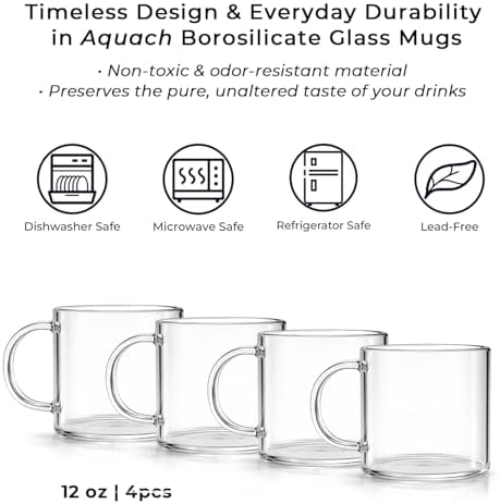 Aquach 12oz Glass Mugs Set of 4, Clear Borosilicate Cups with Handle - Image 6