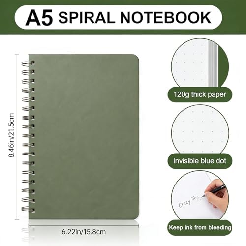 Dot Grid Journal Starter Kit, A5 Spiral Notebook with Stencil Ruler, Date & Color Stickers, Hardcover, 120gsm Thick Paper, Subtle Blue Dotted Pages for Planning, Study & Work - Green - Image 2