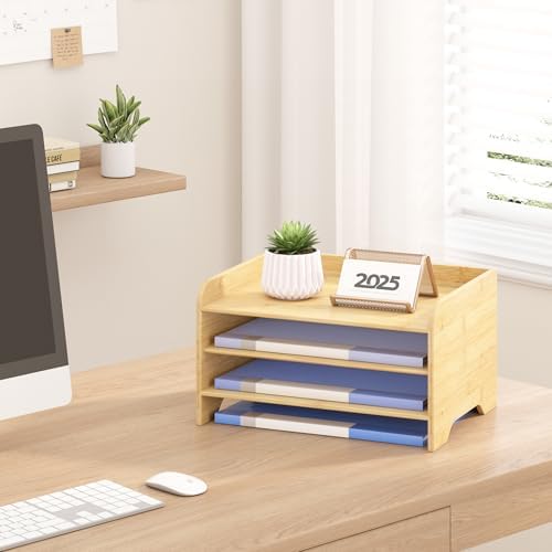 Bamboo File Organizer for Desk, Paper Tray with Pen Holder - Image 5