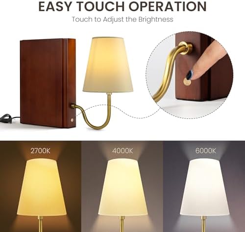 AELS Solid Wood Bookshelf Lamp with Bulb, 3-Color Touch Control Dimmable Table Lamp with Linen Shade, Modern Decorative Bookend Lamp for Bedroom, Office & Bookshelf Decor, Dark Brown - Image 3