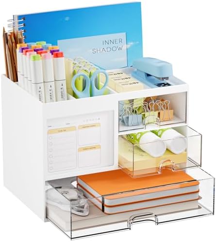 Marbrasse Desk Organizer with 3 Drawer, Multi-Functional Pencil Pen Holder for Desk, Desk Organizers and Accessories with 4 Compartments, Desktop Organizer Storage for Office Home Art Supplies (White) by Marbrasse