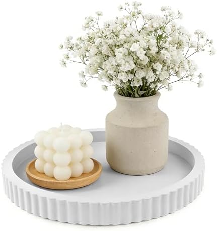 Modern Decorative Tray for Coffee Table, 11" Wooden White Round Small Decor Tray for Candle, Perfume, Vanity, Kitchen Island Counter & Table Centerpiece by Unknown