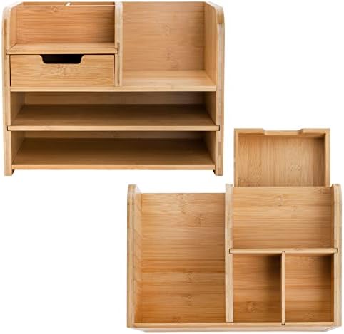 Frcctre Bamboo Desktop Organizer with Drawer, 3 Tier Wooden Desk File Document Organizer with Pen Holder, Tabletop Stationery Storage Organizer Storage Rack for Desk Accessories, Office Supplies - Image 4