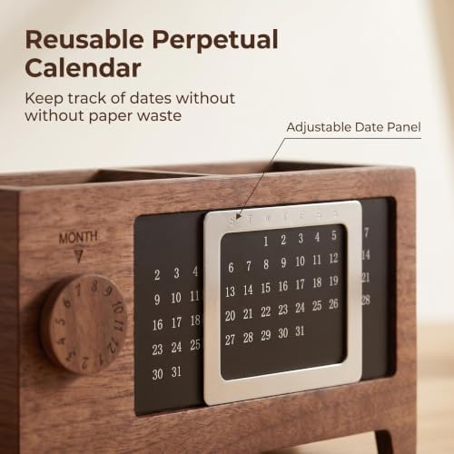 Wooden Desk Organizer with Perpetual Calendar, Multi-Compartment Pen Holder, Office Desk Storage Box for Pens, Phone, Stationery & Small Accessories - Image 3
