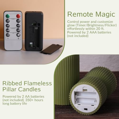 Olive Green Ribbed Flameless Pillar Candles with Remote Set of 2 - Image 3