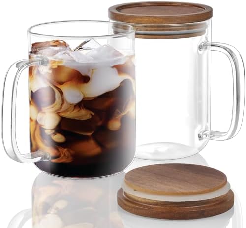 DRASTAR Glass Coffee Mugs, 20 oz Clear Coffee Cups, Coffee Mug with Acacia Wood Lid, Tea Glass Cups with Handles, Large Coffee Mug Set of 2, Glass Coffee Cups for Latte, Espresso, Tea by EnhanceYourDailyLife