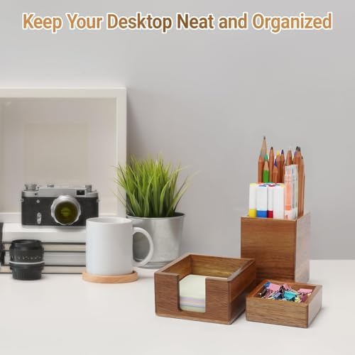RAWILL 3 PCS Brown Wooden Desk Organizer Set Pine Wood Office Desk Accessories with Pen Holder, Paperclip Storage and Sticky Note Holder, Wood Grain Clear, Ideal Gift for Office and Family - Image 2