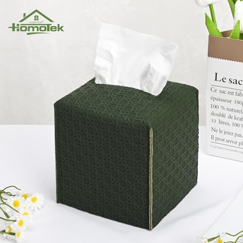 HOMOTEK 1 Pack Tissue Box Cover, Square PU Leather Tissue Holder, Decorative Facial Tissue Cube Paper Organizer Dispenser for Bathroom, Night Stands, Desk, Car 5X5X5'' - Rattan Weave, Emerald Green - Image 6