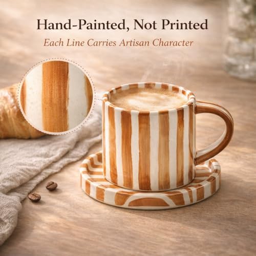 8oz Handmade Ceramic Espresso Mug with Coaster, Speckled Glaze Aesthetic Coffee Cup, Minimalist Striped Cappuccino Flat White Mug, Microwave Safe (orange) - Image 6