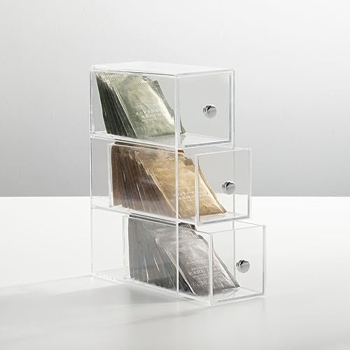 mDesign Plastic Kitchen Pantry Stackable Storage Organizer Container Station with 3 Drawers for Cabinet, Countertop, Holds Coffee, Tea, Sugar Packets, Creamers - Lumiere Collection - Clear - Image 2