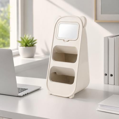 Cute Bear Pen Holder for Desk with Detachable Magnetic Mirror, Aesthetic Cream White Desk Organizer, 2-Compartment Pencil Cup Storage for Office & School - Image 7