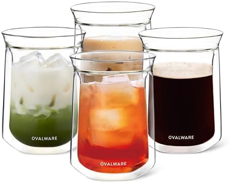 ovalware Double Wall Single Lip Insulated Glass Cup, Set of 4 (12oz / 350ml) - Borosilicate Glass For Coffee, Tea, Whiskey, Cocktails & All Beverages - Minimalistic & Durable Double-Wall Drinking Mug by Ovalware