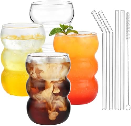 ALINK 16 oz Large Ribbed Glassware Drinking Glasses with Straws Set of 4, Crystal Vintage Glassware Iced Coffee Cups, Cocktail Glass Cups for Beer, Whiskey, Soda, Water, Tea, Milk,Juice by ALINK