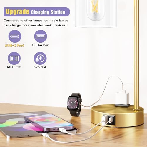 Innqoo Industrial Gold Table Lamp for Bedrooms Set of 2-3-Way Dimmable Desk Lamp with USB C+A Ports and Outlet, Gold Lamps with Clear Glass Shade for Living Room, Desk Lamps for Home Office - Image 3