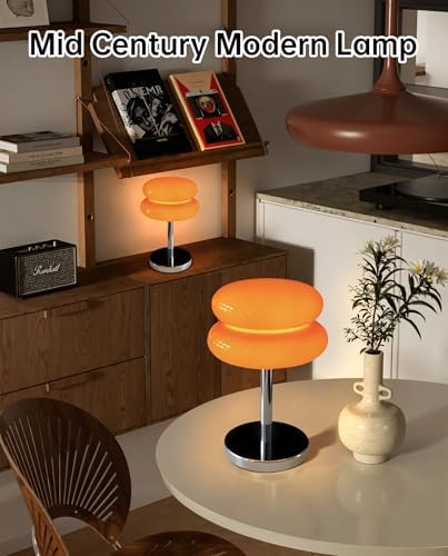 Cordless Orange Mushroom Lamp, Mid Century Modern Glass Lamp 6000mAh Rechargeable Small Table Lamps, Cute Cool Desk Lamps for Living Bedroom Nightstand Home Decor Aesthetic - Image 2