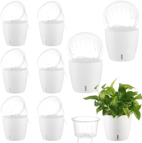 Self-Watering Pots for Indoor Plants, 8-Pack 6.7'' Self Watering Planter with Drainage Holes, Small African Violet Pots with Water Indicator, Clear Wick Pot, White by KvyusFlourish