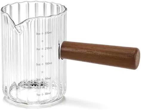 Espresso Measuring Cup 9 Oz, Espresso Glass Cups with Wood Handle, Milk Frothing Cup, Espresso Cup for Coffee, Milk, Tea or Maple Syrup Serving (Transparent, 9 oz) by Unknown