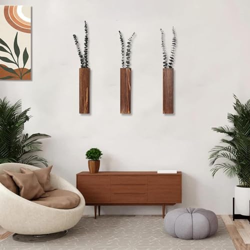Wooden Wall Planter Set of 3 - Modern Home Decor for Living Room, Bedroom, Bathroom - Walnut Finish Planter for Dried Flowers, Faux Greenery, Indoor Plants - Image 2
