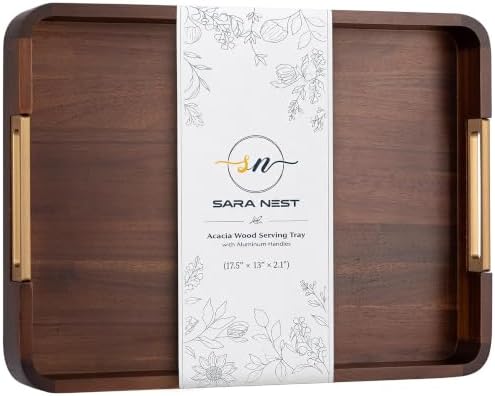 100% Acacia Wooden Serving Tray with Gold-Tone Aluminum Handles by Unknown