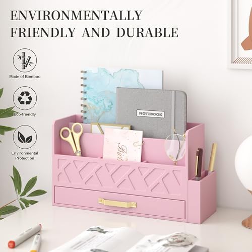 Wisuce Bamboo Mail Organizer Countertop with Drawer and Pen Holder, Pink - Image 5