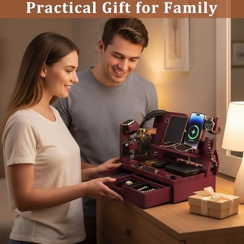 Nightstand Organizer for Men with Drawer Gift for Men, Mahogany - Image 6