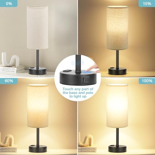 Fenmzee Beige Bedside Lamp for Bedroom, Dimmable Touch, USB A+C, AC Outlet - Image 2