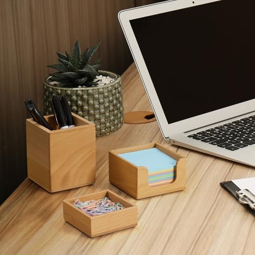 Desk Organizer Set of 3 - Wood Office Desk Accessories - Desk Organizers and Accessories for Women Men - Set incl. Pencil Pen Holder, Paperclip Storage and Sticky Note Holder - Image 4