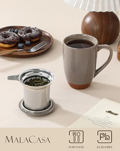 MALACASA Ceramic 18 oz Tea Mug with Lid and Infuser, Khaki Brown - Image 3
