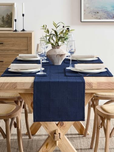 ZeeMart Linen Checked Farmhouse Table Runner, 13x90 Inches Navy Blue - Image 2