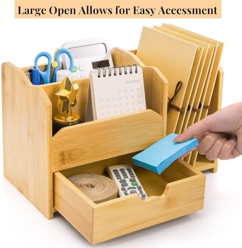 ZAVOOS Bamboo Desk Organizer with Drawer Pen Holder, 5 Compartments - Image 3