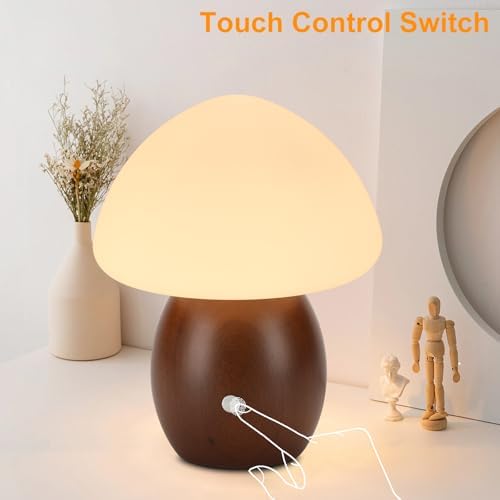 Mushroom Lamp with Touch Control Switch, Small Wooden Table Lamp with Glass Shade, 3 Way Dimmable Nightstand Lamp for Bedroom, G9 LED Bulb Included (Walnut Color&Opal White Glass Shade) - Image 4