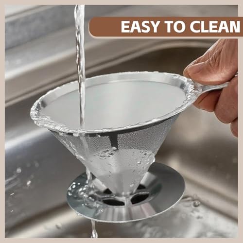 Pour Over Coffee Dripper Stainless Steel Coffee Filter Metal Cone Filter Extra Fine Wire Mesh Reusable Coffee Filter Coffee Maker (Silver, 1-6 Cups) - Image 5