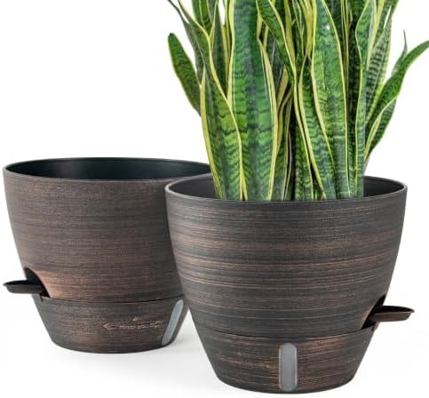 ZMTECH 12 Inch Self Watering Pots for Indoor/Outdoor Plants, 2 Pack Bronze Large Plastic Planter with Water Level Indicator, Drainage Hole & Removable Saucer for Garden Flowers, Deco Plant Container by HighQualityGardeningTools