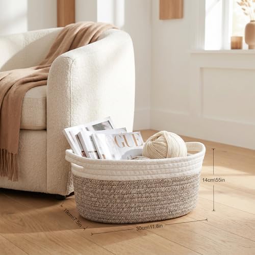 Small Cotton Rope Basket - White Woven Storage Basket with Handles, Desktop Organizer for Keys, Remotes, Makeup, Soft Decorative Bin for Bathroom, Office Shelf (White/Hemp Brown) - Image 3