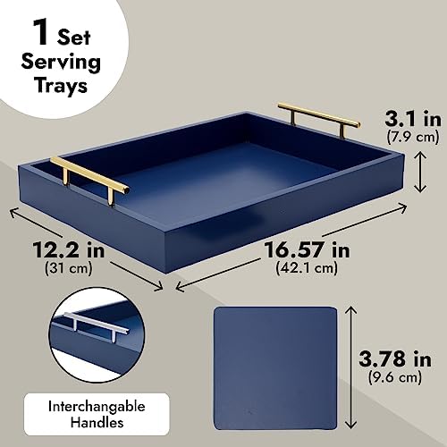 Juvale Coffee Table Tray - 15.7 x 11.8 x 3 in, Blue, Rustic Wood - Serving Tray with Interchangeable Gold & Silver Handles for Coffee Table Decor & Ottoman Use with 2 Coasters - Image 6