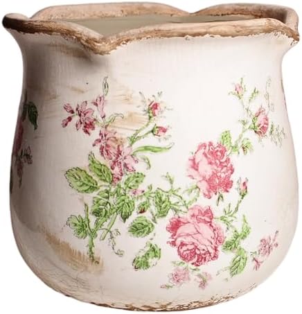 Xiaan Jiaju Shabby Chic Flower Pot, 6.11 Inch Ceramic Planter with Drainage for Indoor Plants, Vintage Ceramic Vase, Country Chic Spring Garden Home Decor, Pink Rose Floral by XiaanJiaju