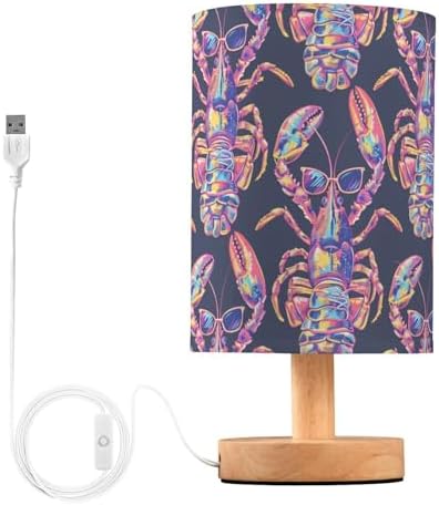 Neon Sunglass Lobster Funny Bedside Table Lamps with USB Port for Bedroom Lamp Accent Table Lamp Small Nightstand Lamp Sturdy Linen Shade Wooden Base Decorative Lamps for Kids|Reading|Dorm|Home by Fustylead