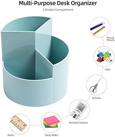 Desk Pencil Pen Holder, 3-Slot 360 Spinning Desk Organizer, Cute Pencil Cup Pot for Office, School, Art Supply - Blue - Image 3