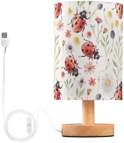 Wildflowers Ladybugs Patterned Table Lamp for Bedroom USB Port Lamps Small Accent Table Lamp Nightstand Lamp Study Linen Shade with Wooden Base, Decorative Lamps for Bedside Reading|Kids|Dorm|Home by Fustylead