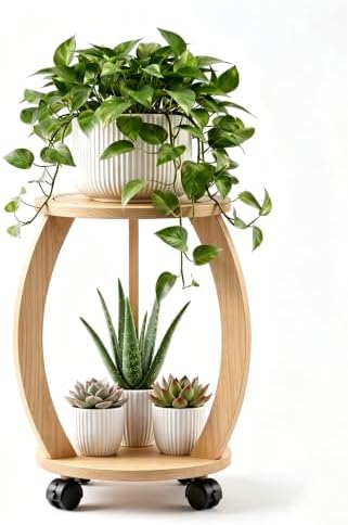 2 Tier Wooden Plant Stand Indoor with Wheels – Tall Plant Stand for 6-13 Inch Pots, Mid-Century Modern Rustic Plant Table Indoor, Pedestal Stand for Corner, Living Room, Balcony, Original Wood by Unknown