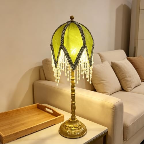 Vintage Tasselled Table Lamp with Beaded Shade, Green and Gold by Unknown