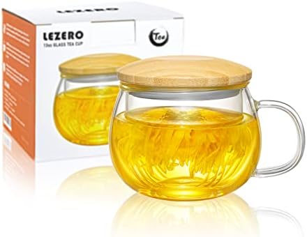 13oz Clear Glass Tea Mug with Filter and Lid for Blooming & Loose Leaf Tea by LEZERO