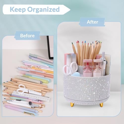 SKYDUE 360 Degree Rotating Desk Organizer, Shining Dual-Purpose Rhinestone Pencil Pen Holder, Rotating Desk Pen Organizer with 5 Slots, Rhinestone Pencil Cup for Office, School, Home - Image 5